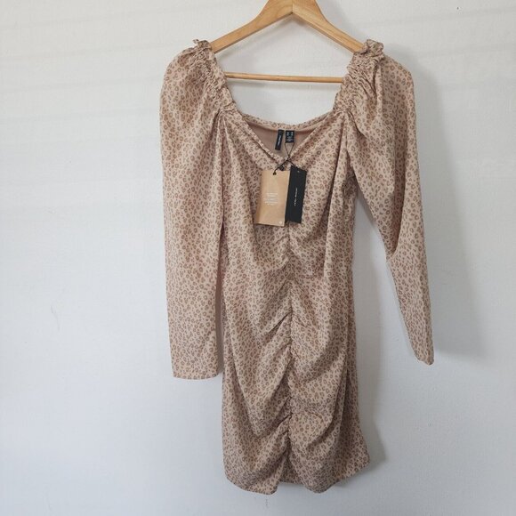 VERO MODA Center Ruching Animal Print Long Sleeve Lined Dress NEW Size 10272530 - Picture 1 of 6
